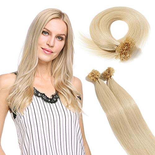 Superior Salon Quality—100 Strands 18’’ U Tip Remy Virgin Human Hair Extension Pre Bonded Italian keratin Nail Tips—Platinum Blonde #60, 50g