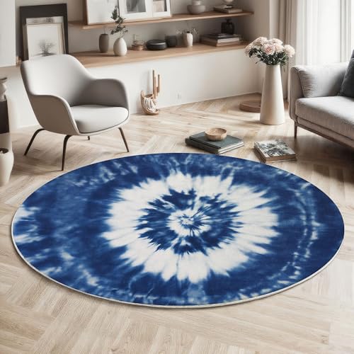 Tapis rond doux blanc indigo spirale design salon moderne - 4