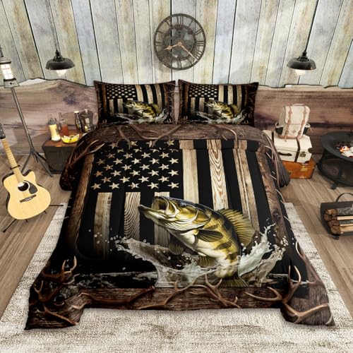 Homewish Vintage American Flag Comforter Set Queen Size,Men 3D Bass Fish Bedding Set,Hunting Fishing Quilt Set for Kids Boys Adult Room Decor,Rustic Farmhouse Wooden Striped Duvet Insert,Black Brown