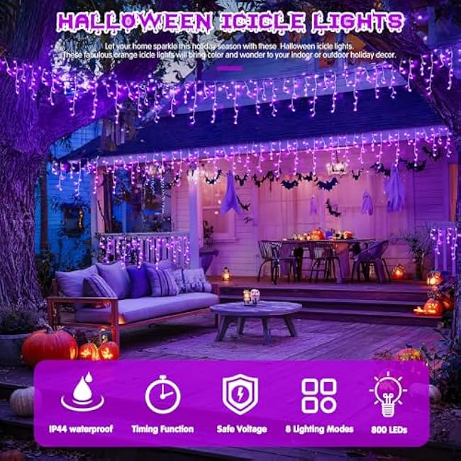 JMEXSUSS Purple Halloween Lights Outdoor, 800 LED Purple Icicle Lights Outdoor Waterproof, 8 Modes String Light Plug in for Fireplace Tree Garden Patio Halloween Decor