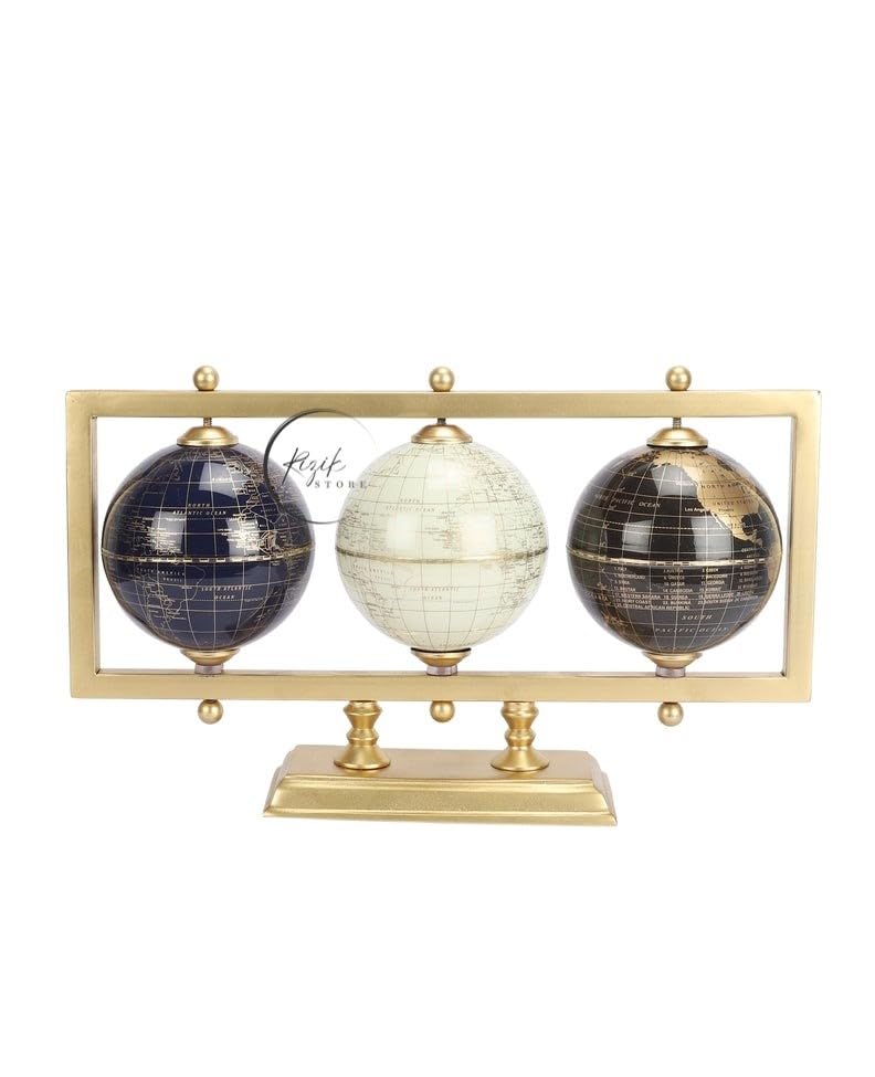 RIZIK STORE™ Educational world rotating globe 4 inch diameter ball and iron frame 3 balls in gold color for home decor/office decor/study room/gift product (4 inch ball) (Gold) - Image 2 thumbnail