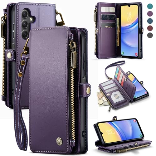 Defencase for Samsung Galaxy A15 5G Case, RFID Blocking for Samsung A15 5G Case Wallet with Card Holder for Women, Fashion PU Leather Magnetic Flip Zipper Strap Phone Case for Galaxy A15 5G, Purple
