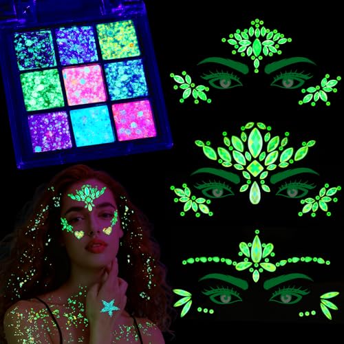 YGDZ Glow in The Dark Face Glitter, Hair Body Glitter Gel, Face Jewels Stick On for Women, Festival Carnival Outfits, Mermaid Costume for Halloween Makeup, Rave Accessories for UV Black Light Party