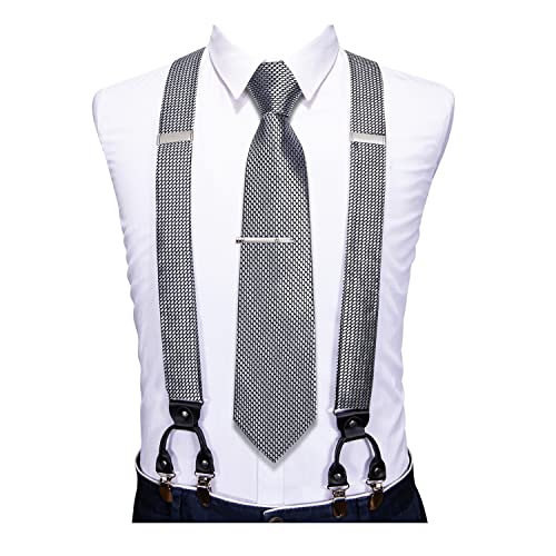 Image of Barry.Wang Men Suspender Set with Necktie Elastic Y Type Heavy Duty 6 Clips Braces Tie Handkerchief Cufflink Pin 6PCS