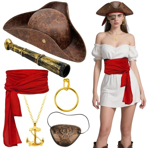 Pirate Costume Set Adult Pirate Costumes for Men Women with Pirate Hat Red Waist Scarf; Telescope Anchor Necklace Earring Eye patch Fancy Dress Pirate Costume Adult Women for Halloween Party