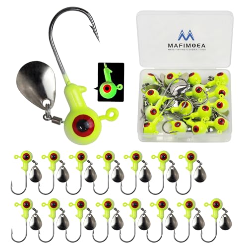 15/20/30Pcs Underspin Jig Heads with Spinner Fishing Jig Heads Hooks Set Crappie Jigs Fishing Jig Hooks Assortment Saltwater Freshwater Bass Crappie Trout Glow in The Dark…
