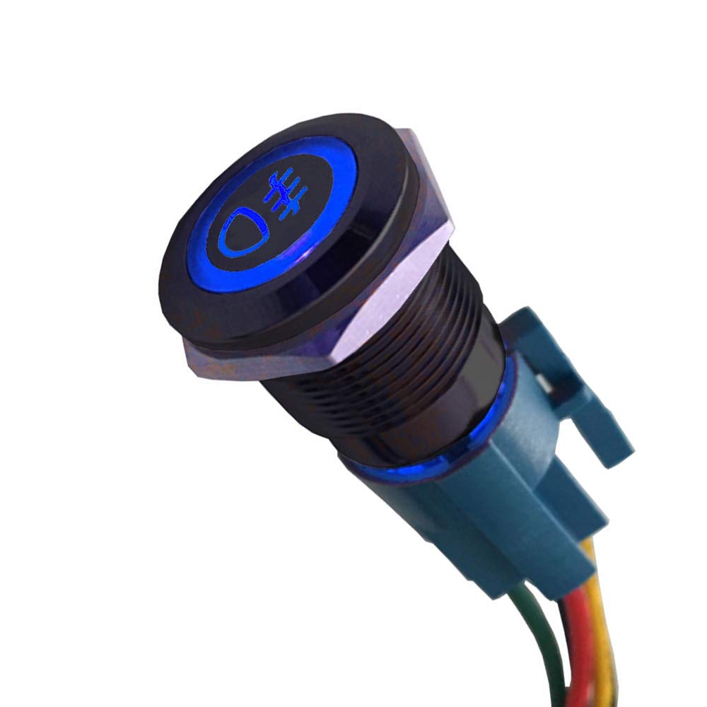 ESUPPORT12V Car Vehicle Blue LED Light Front Fog Push Button Metal Toggle Switch Socket Plug Wire Latching 19mm Balck Shell