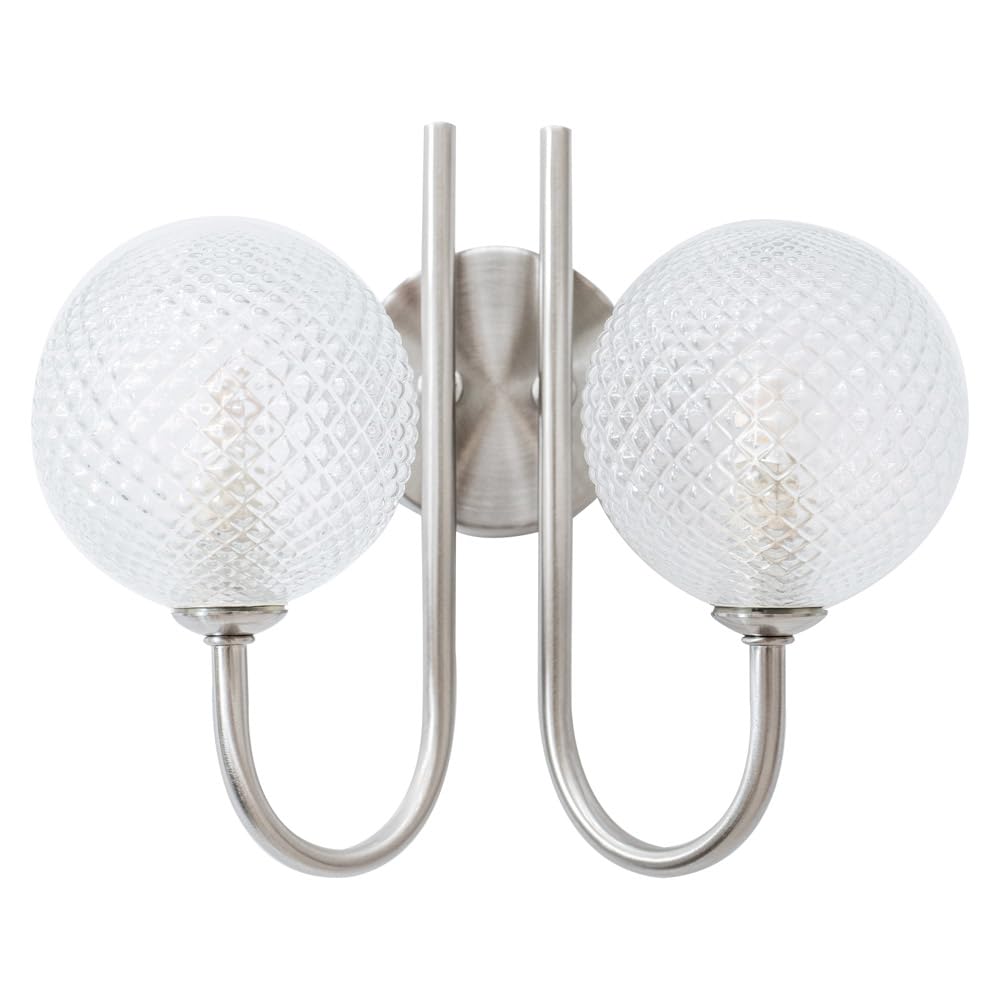 ValueLights | Brushed Chrome 2 Way Wall Light Fitting with Textured Glass Shades | Bath Wall Lights, Home Décor & Improvement Essential | Includes Bulb | Mains Wired