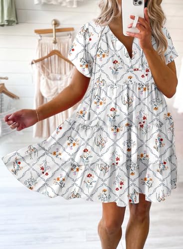Image of Dokotoo Womens Summer Casual Boho Floral Dresses 2026 V Neck Short Sleeve Sundresses Flowy Swing A-Line Mini Dress