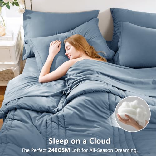 Image of CozyLux Queen Comforter Set Grayish Blue - 7 Pieces Bed in a Bag, Modern Vertical Quilted Room Decor, Soft All-Season Bedding Gift with Comforter, Sheets, Pillowcases & Shams