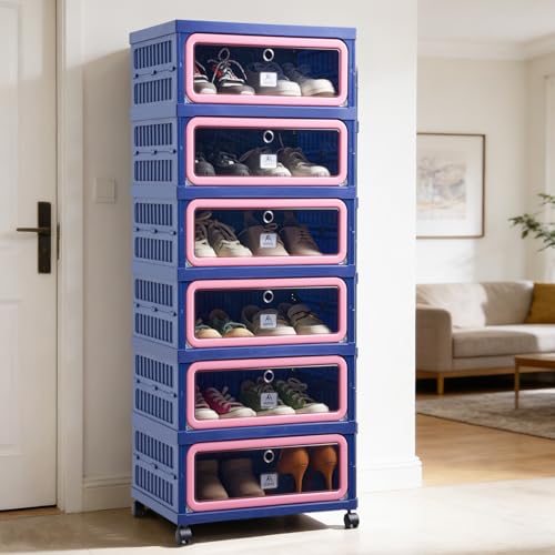 Image of Collapsible Shoe Rack Organizer Foldable Shoe Cabinet with Doors, Large Plastic Folding Shoe Cabinet, Easy Assembly Shoe Shelves Organizer for Entryway (6Tiers,12Pairs)