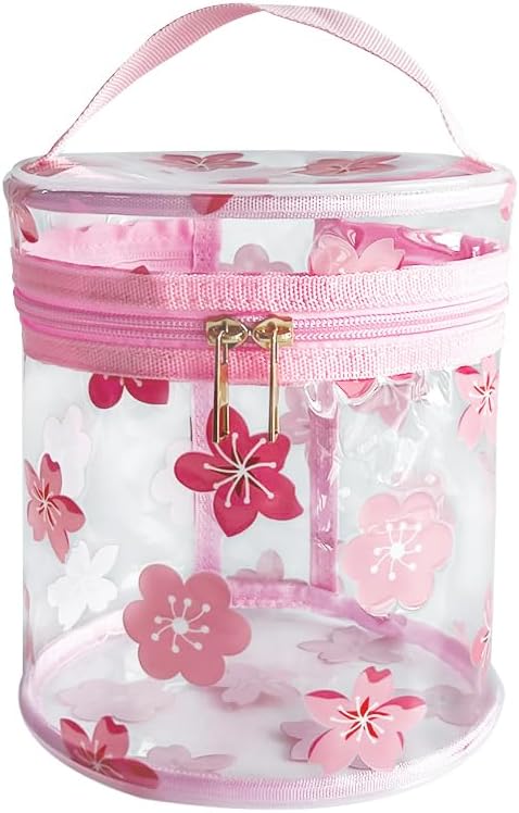 Necessaire de maquiagem cilíndrica transparente TotePrint com estampa floral, alça e zíper - 1 unidade