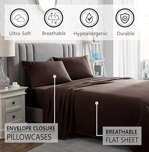 American Home Collection 4 Piece Full Size Bedding Sheets and Pillowcases Set - Ultra Soft Microfiber - Breathable, Wrinkle Free, Easy Care, Durable, Oeko-Tex Certified Sheet Set (Full, Brown)