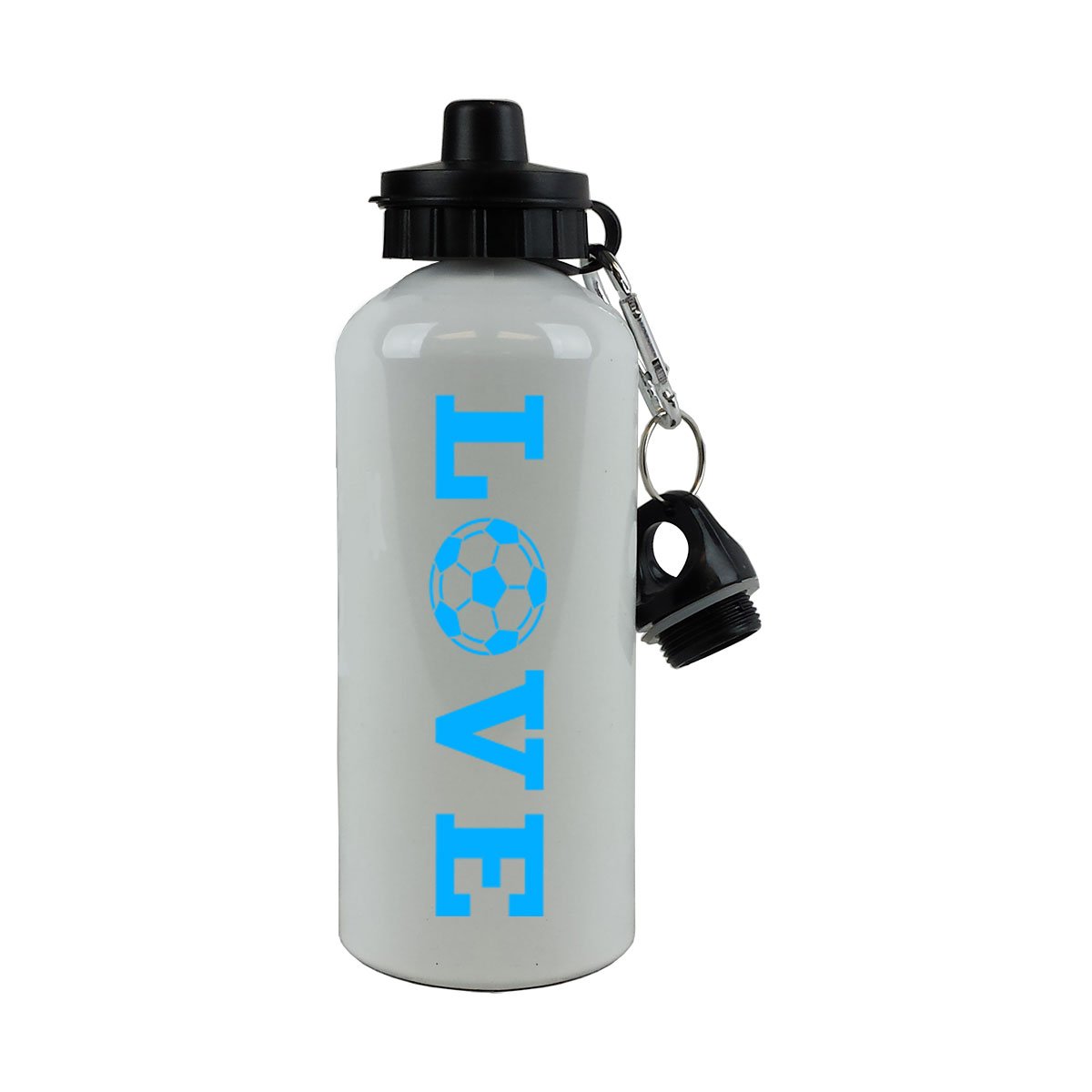Love Soccer Sports Team Aluminium weiß Finish 20 Unze 600 ml Sport Wasser Flasche mit Karabiner, hellblau