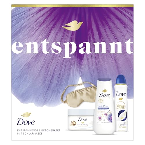 Dove Geschenkset "Entspannt" mit Duschcreme, Anti Transpirant, Dusch-Creme-Peeling und mit Schlafmaske 225 ml + 225 ml + 150 ml – Ansicht 1