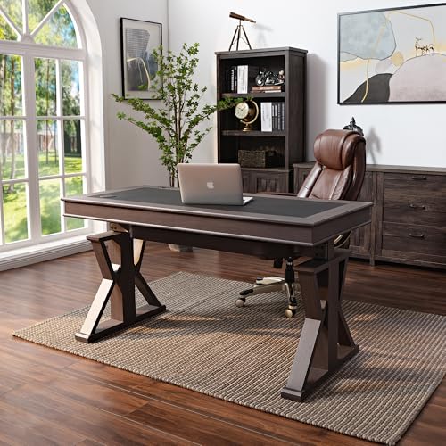 Image of EUREKA ERGONOMIC Leather Standing Desk, 60 inch Executive Desk with Drawers,Modern Oak Grain X-Shaped Leg Sit Stand Desk, Charge Power Outlet Luxury Home Office Computer Desk