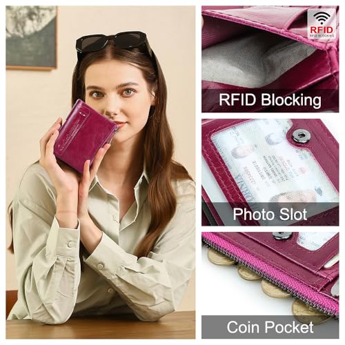 Image of CONTACTS Soft Leather Wallet for Women Small Bifold Coin Purse Double Zipper Card Holder with RFID Blocking (Purplish Red)