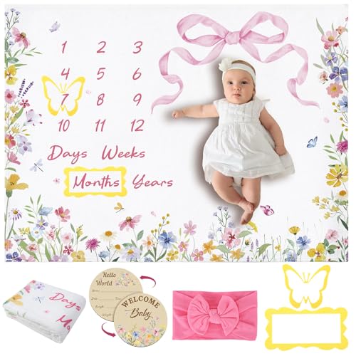 Guiqulai Floral Baby Monthly Milestone Blanket for Girls Flannel Blanket Newborn Infant Swaddle Baby Growth Blanket Photography Background with Wooden Signs Frames Headband