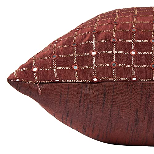 Image of Brown Cushion Covers with Embroidery Work, Embroidered Cushion Cases 18x18 Set of 2, Silk Pillow Covers for Sofa and Couch, Fancy Kushan 18 inches