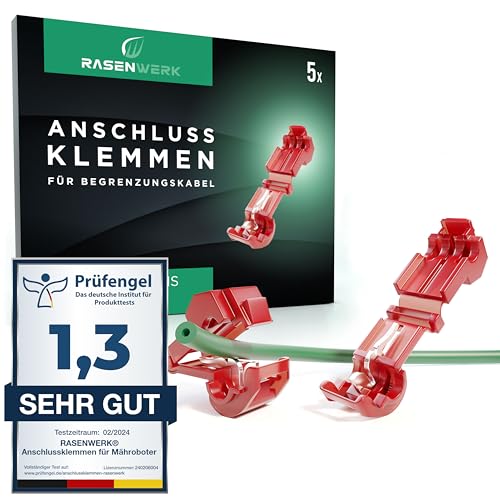 RASENWERK® - Anschlussklemmen für Mähroboter Begrenzungskabel Ladestation - T-Abzweigverbinder Abzweigklemmen Stromdieb - Kompatibel für Gardena, Husqvarna, Yard Force - rot - 5 Stück