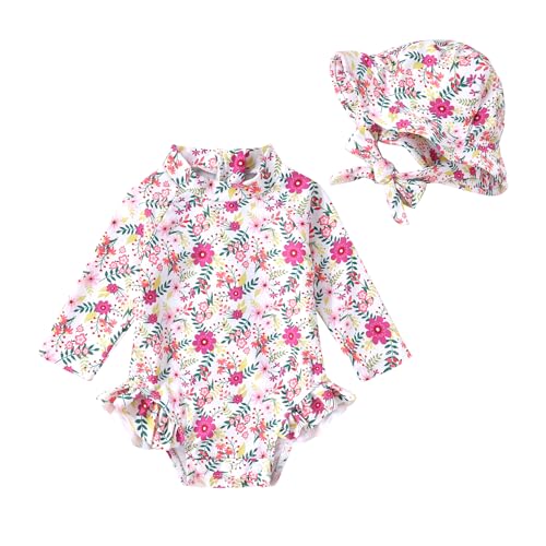 Image of Infant Baby Girl Swimsuit One-Piece Long Sleeve Rash Guard with Hat Set Floral Zipper Bathing Suit Leopard Beach Wear