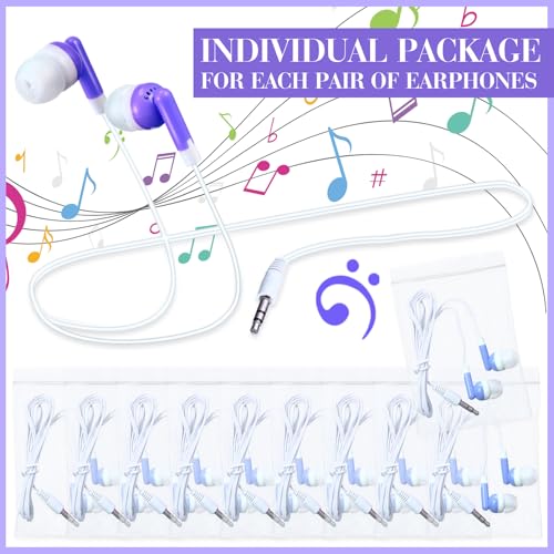 Image of Konohan 100 Pcs Bulk Earbuds with Wire Basic Headphones in Ear for Libraries Laptop, No Microphone 3.5 mm Jack Earbuds Dot Headphones, Individually Bagged (Purple)