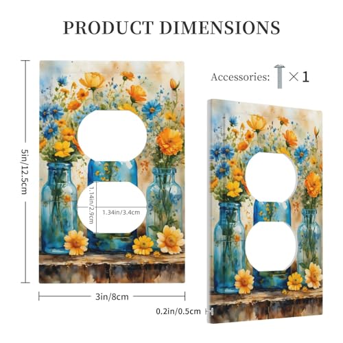 Decorative Outlet Covers Rustic Yellow Flowers Floral Blue Bottles 1 Gang Duplex Light Switch Cover Plate Wall Plates for Electrical Outlets Switchplate Faceplate for Country Bedroom Decor
