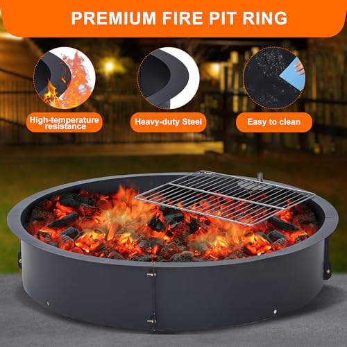 Fire Pit Ring with Grill-Grate, Firepit Cooking Ring 2.5MM Steel Heat-Resistant Large Fire Pit Insert Round, Above/In Ground Fire Pit, for Camping Garden Backyard, 36" x 36" x 7.8"