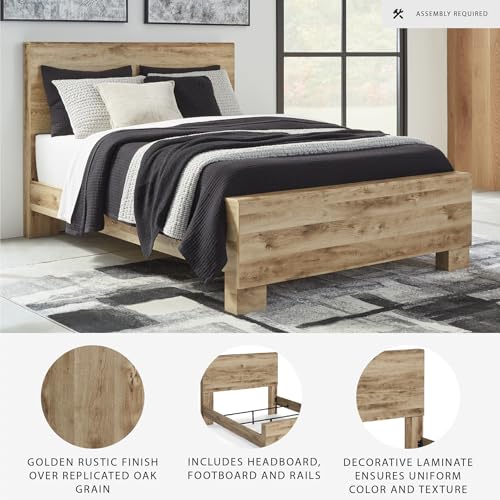 Image of Signature Design by Ashley Hyanna King Size Panel Bed Frame | Engineered wood and decorative laminate, Authentic touch golden oak finish, Foundation required