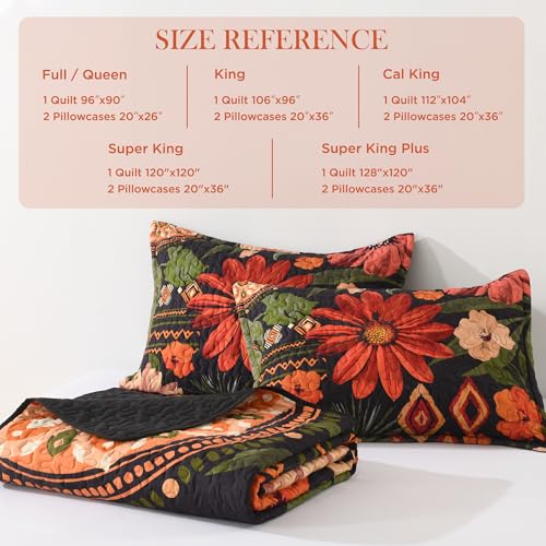 Image of Andency Floral Boho Quilt Super King Plus Size Bedding Set Black, 3 Pieces Farmhouse Flower Botanical Summer Bedspreads with 2 Shams, Soft Reversible Polyester Coverlet Set for All Season, 128 inchx120 inch
