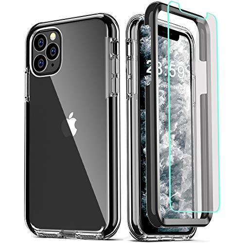 COOLQO Compatible with iPhone 11 Pro Max Case, with [2 x Tempered Glass Screen Protector] Clear Phone Cover Black
