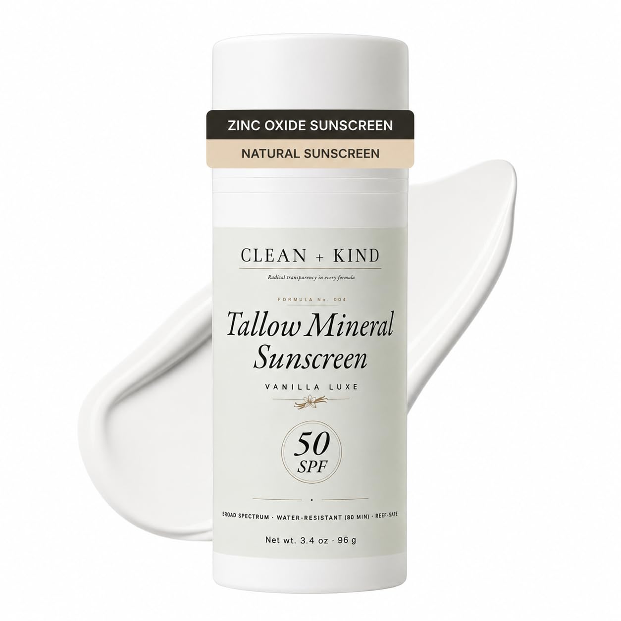 Organic Beef Tallow Sunscreen SPF 50 Vanilla — Non-Nano Zinc Oxide Mineral Sunblock, Non-Toxic Natural Reef-Safe Water-Resistant Face & Body Sun Protection (3.4 oz)