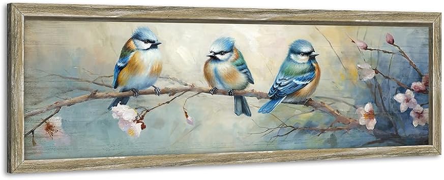 Rustic BlueBird Wooden Wall Art Colorful Bird Framed Painting Vintage Sparrow Picture Cute Chickadee on Flower Branch Prints Countryside Artwork Decor for Living Room Bedroom Farmhouse