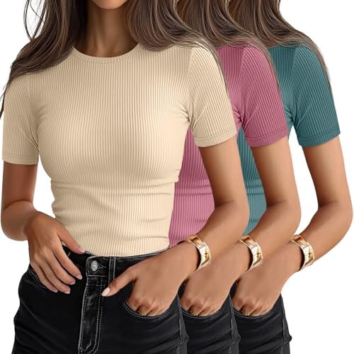 Ficerd 3 Pack Women's Ribbed Short Sleeve T-Shirts,Small,Beige, Smoky Pink, Peacock Green