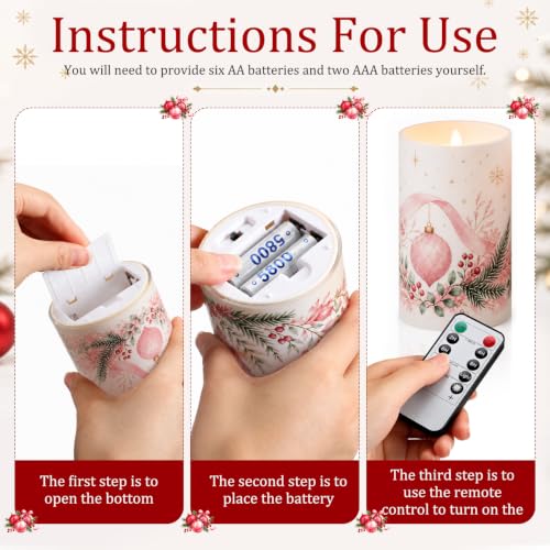 Image of Tujoe 3 Pcs Christmas Pink Ballet Flameless Candles LED Pillar Candle
