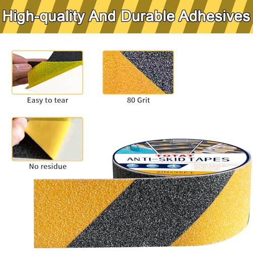 Image of Black & Yellow Anti-Slip Stair Treads Tape, 2 inch x35FT Heavy Duty Non-Skid Grip Tape for Indoor /Outdoor Steps, Bathroom & Pool - PVC Waterproof Safety Traction Tape