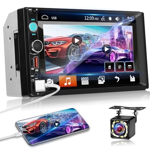 NHOPEEW 2 DIN 7 Pulgadas Equipo de Sonido para Coche con Mirror Link con Cable, FM EQ, Control en el Volante, Compartir el Mismo vídeo, Botones con luz de 7 Colores, Puertos duales USB/Tipo C/SD/AUX