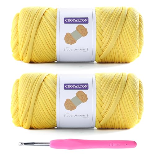 Image of 2 Pack Elastic Tshirt Yarn for Crocheting and Knitting with 1 Hook, Spaghetti Yarn (Thick) - Total Length 130 Yds, Weight 14 Oz (Yellow) by Spaghetti Thread