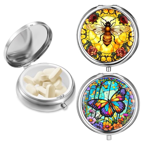 Sibba 2Pcs Portable Medicine Pill Case Moisture Proof Pocket Pill Organizer Dispenser Cute Compact Nice Tablet Box Bee&Butterfliy Medicine Pills Box Metal Pillbox with Mirror for Vitamins, Fish Oil