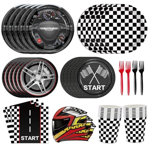 144pcs Race Car Plates Napkins Party Supplies Racing Themed Paper Cups Race Car Birthday Party Decorations Racing Tableware Set for kids Boys Birthday Decor Serves 24