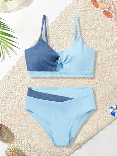 Image of Girls Swimsuit Color Block Twist Bathing Bikini Suit Adjustable Straps Girls 2 Piece Swimsuit 7-14 Years