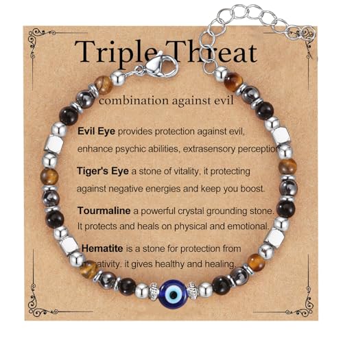 Image of Triple Threat Protection Anxiety Relief Gifts for Women,Natural Healing Crystal Bracelet Evil Eye Jewelry for Her Friends