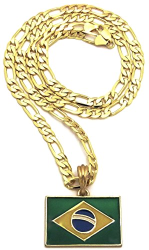 GWOOD Brazil Flag Small Pendant with 24 Inches Long Figaro Necklace Gold Color