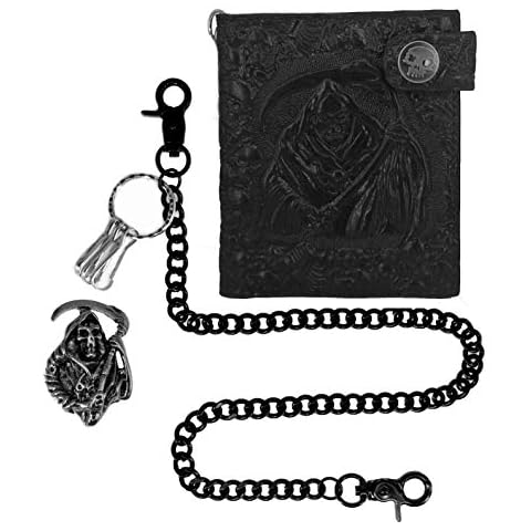 ABC STORY Mens Leather Embossed Skull Biker Wallet with Black Heavy Stainless Steel Pants Trousers Jeans Key Wallet Chain Cover