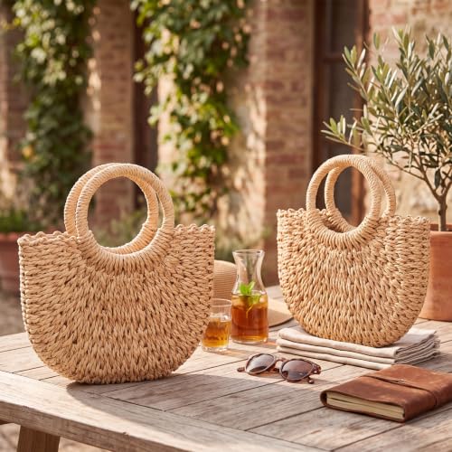 Image of BBTO 8 Pcs Semi Circle Straw Bag for Women, Rattan Woven Crossbody Bag, Retro Travel Bride Tote Handbag for Summer Beach