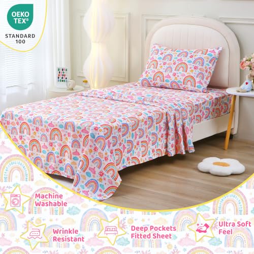 Image of Viviland 3 Pieces Girls Twin Sheets Set Kids, Pink Rainbow Cloud Printed
