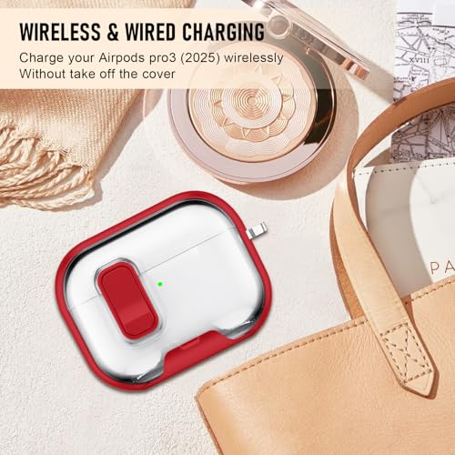 Image of Compatible Airpods Pro 3 Case (2025) with Phone Stand & Cleaner Kit,Print Soft Silicone Lock Clip Apple AirPods Pro 3rd Generation Case, Airpod Pro 3 Cover with Keychain for Women /Girls,Red