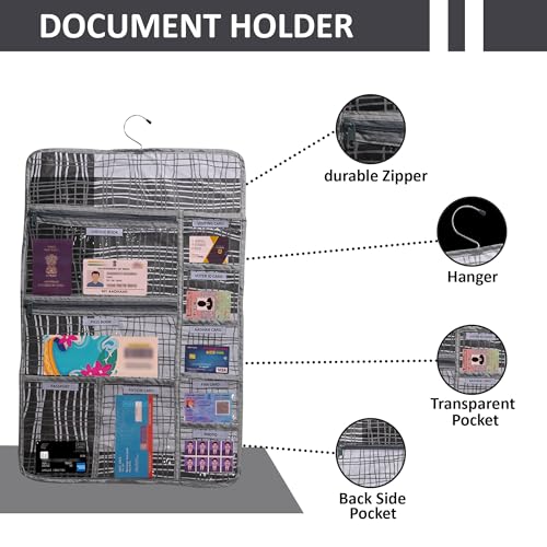 Image of Kuber Industries PVC Lining Design Multi Utility Hanger Organize for Document | 7 Small Pocket with 3 Zipper Hanger File Organize Aadhar | Grey & Black