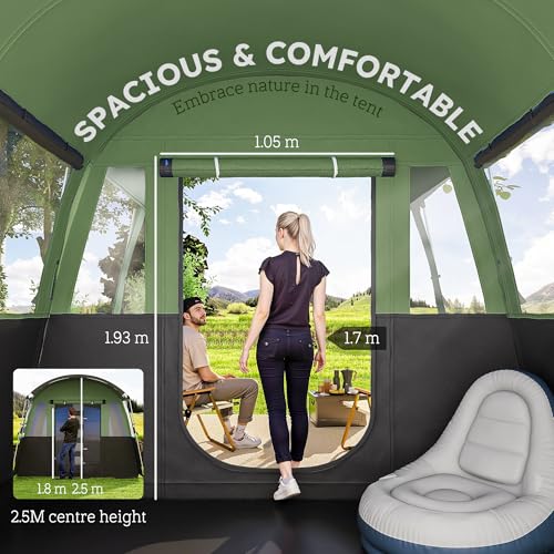 Outsunny 8-Person Camping Tent, 3000mm Waterproof Family Tent w/Bedroom, Living Room, Porch and Sewn-in Groundsheet, Tunnel Design, 4 Large Windows, Top Hook, Portable with Carry Bag, Green - Image 4