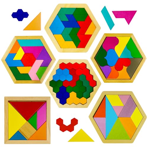 YUQILIN 6 PCS Wooden Tangrams Puzzles for Kids, Wooden Hexagon Toddlers Puzzles Block Geometric Brain Teaser Wood Puzzle Tangram Logic IQ Toy Gifts for All Ages Boys Girls Adults Intelligence